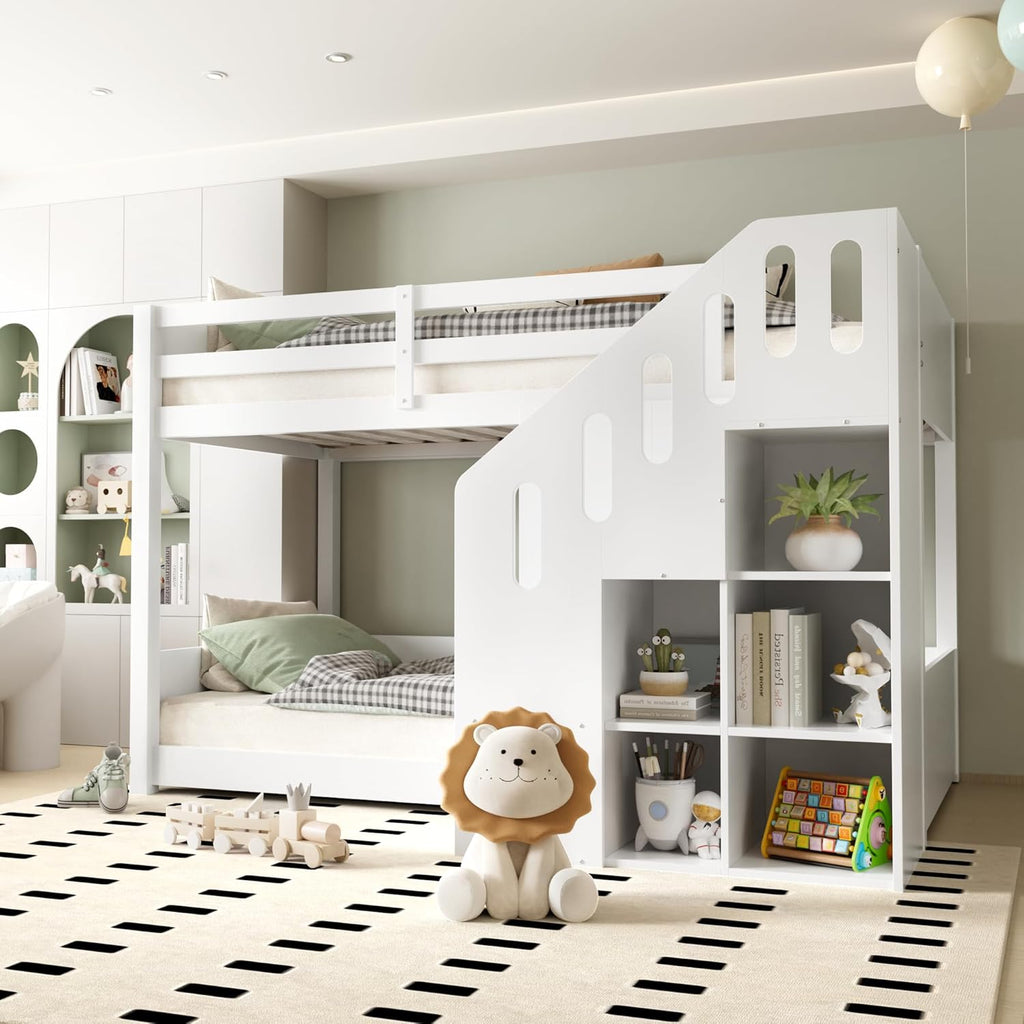 Hochbett Etagenbett 2 Kinder 90x200 cm mit Treppe, Kinderbett Mit & Schließfächern & Rausfallschutz, Kinderzimmer kinderhochbett, Stockbett für Mädchen Junge, Weiß