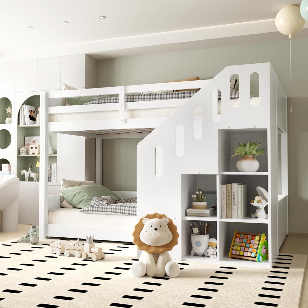 Hochbett Etagenbett 2 Kinder 90x200 cm mit Treppe, Kinderbett Mit & Schließfächern & Rausfallschutz, Kinderzimmer kinderhochbett, Stockbett für Mädchen Junge, Weiß
