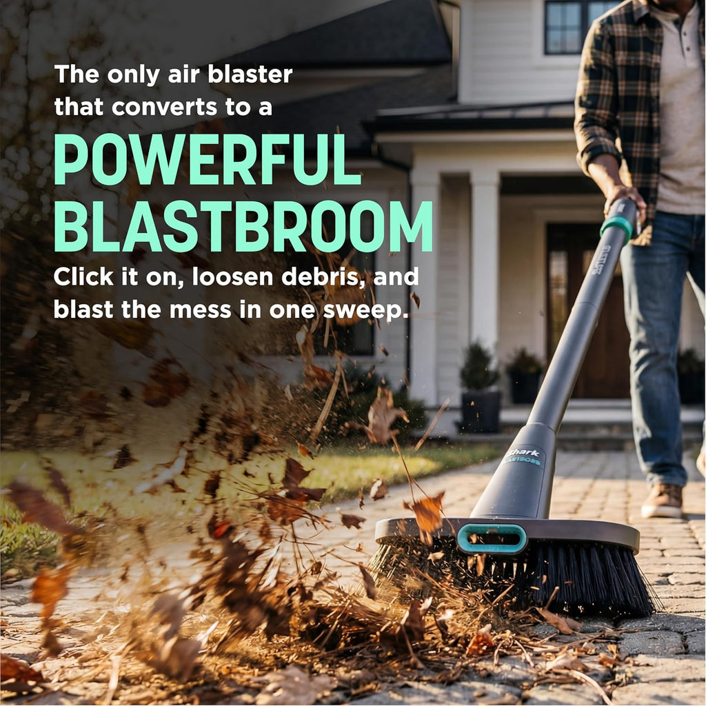 NEW Shark BlastBoss - All-in-One Luftstrahlsystem mit BlastBroom, Präzisions-Düse, Verlängerungsstab, Innen/Außen-Reinigung, 0-190 MPH, Kabelloses Handgebläse, wiederaufladbar, Salbei, AB2111GN