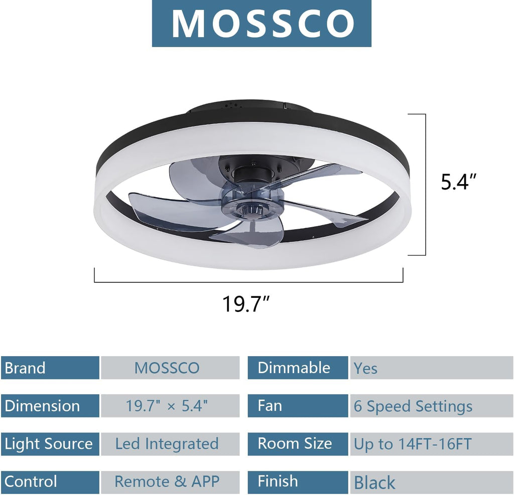 Deckenventilator mit Beleuchtung und Fernbedienung, LED Deckenleuchte Dimmbar, 3 Lichtfarben, 6 Windstufen, Moderne Lampe mit Ventilator Leise für Schlafzimmer Schwarz 50cm