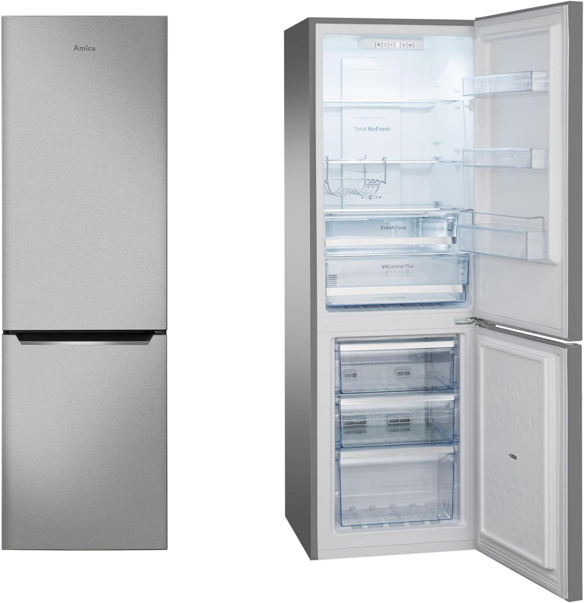 Amica Kühl‑Gefrierkombination freistehend 231 l Total NoFrost FreshZone VitControlPlus Superkühlfunktion 170 x 54 x 57,6 cm – Kuehlschrank Freistehend Edelstahloptik