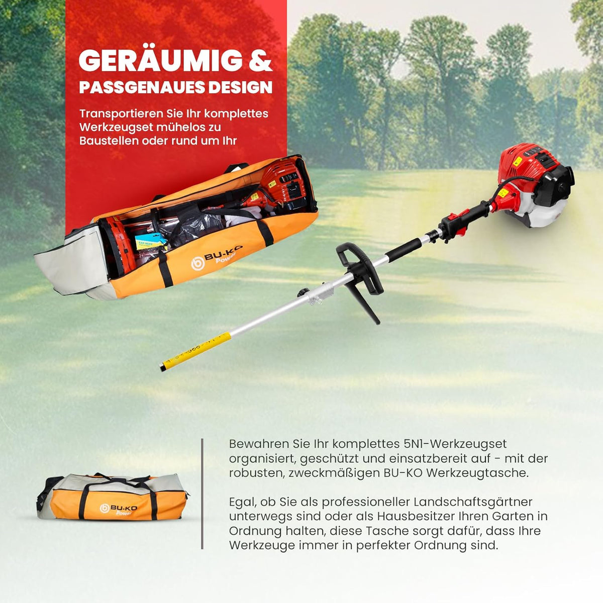 BU-KO 52cc Motorsense Benzin Gartengerät mit großer Reichweite: Benzin-Strimmer und Freischneider ausziehbare Benzin-Heckenschere -Kettensäge 3X 75cm Verlängerungsstangen, Werkzeugtasche