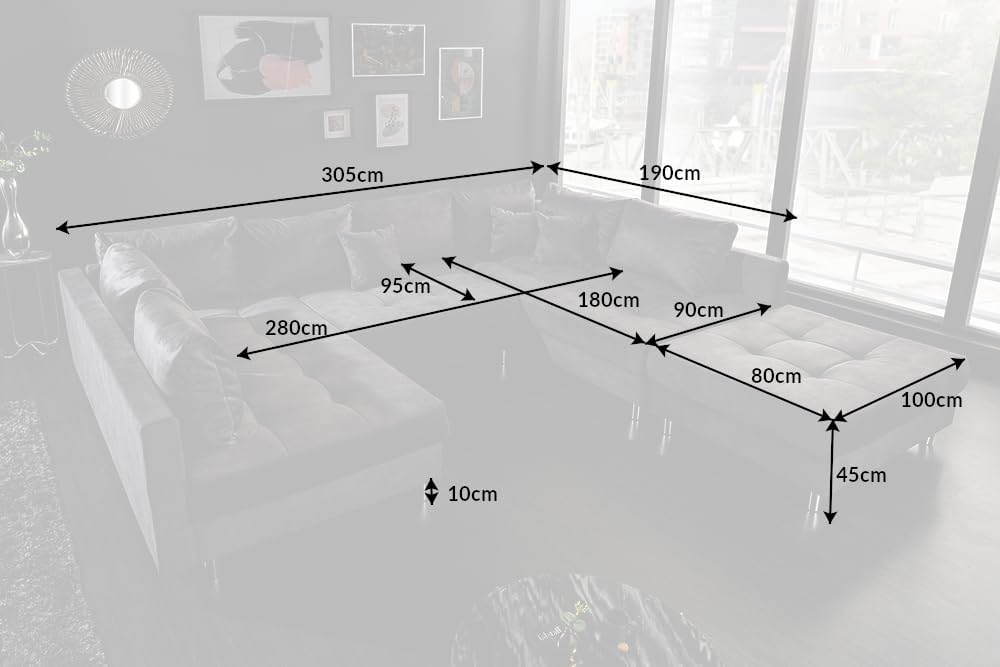 Riess Ambiente Moderne XXL Wohnlandschaft Kent 305cm grau Samt Bigsofa inkl. Hocker Federkern Samtsofa Samtcouch Ecksofa Eckcouch U-Sofa U-Couch Wohnzimmer