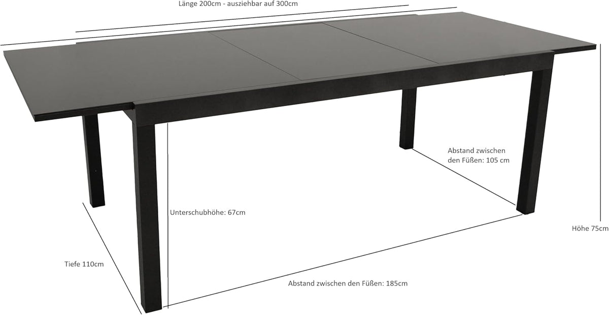 DEGAMO Gartentisch Ausziehtisch ELBA XXL, 200/300x110cm, Aluminium anthrazit + Glas schwarz, Outdoor