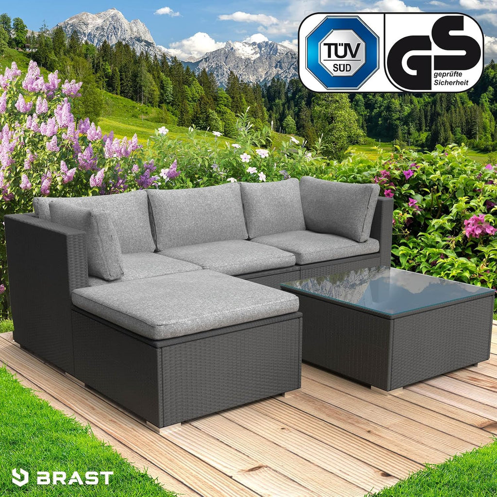 BRAST® Gartenmöbel Lounge Set | 4-5 Personen viele Modelle & Farben | inkl. extra Dicke Kissen | TÜV geprüft | Outdoor Loungemöbel Sitzgruppe Essgruppe Garnitur | Royal Schwarz