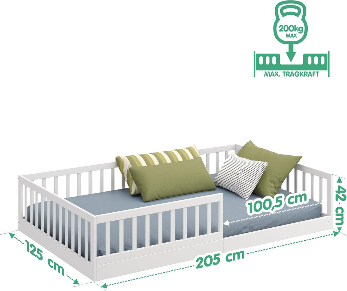 CADANI Timi 2in1 Bodenbett 140x200 cm Montessori Kinderbett mit abnehmbaren Rausfallschutz inkl. Lattenrost, Kiefer Massivholz, weiß - 3 Aufbauvarianten, bis 200 kg belastbar, umbaubar