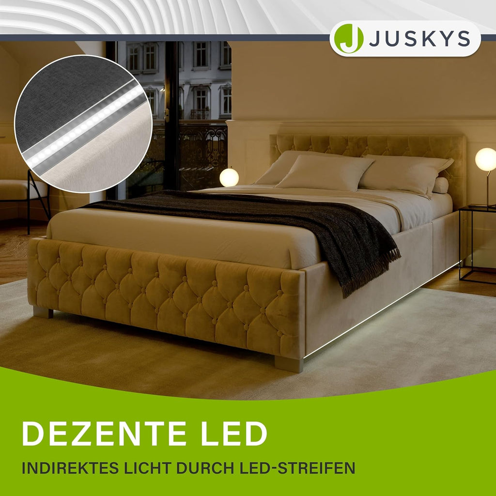Juskys Polsterbett Nizza 120x200 cm mit Matratze, Bettgestell mit Lattenrost, Stauraum & LED Beleuchtung, Samtbezug, Chesterfield-Steppung, Beige