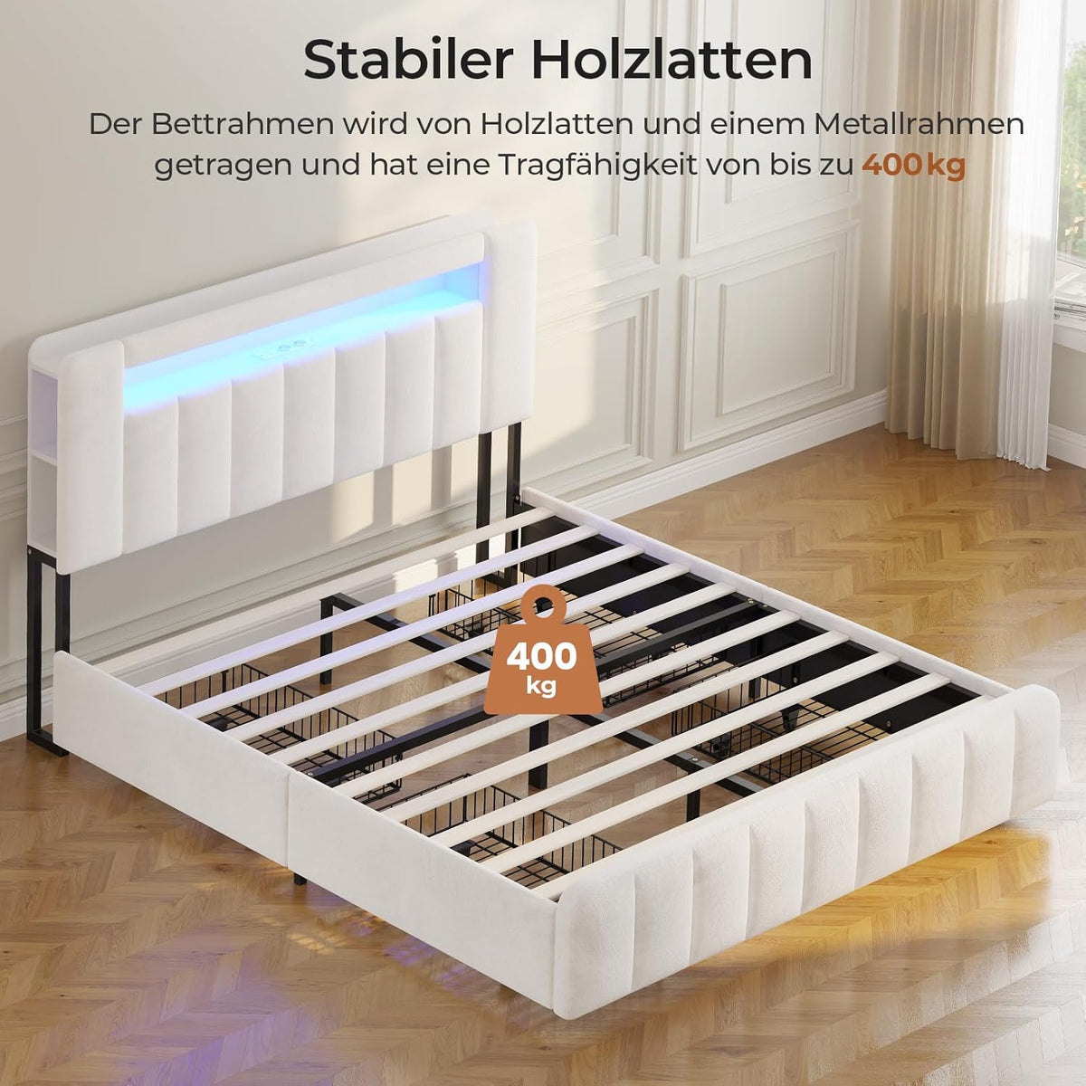 AOGLLATI Polsterbett 160x200 cm mit Stauraum - 4 Schubladen, Doppelbett mit LED-Beleuchtung & Ladestation, Bettgestell mit Kopfteil aus Samt, Bett mit Lattenrost ohne Matratze