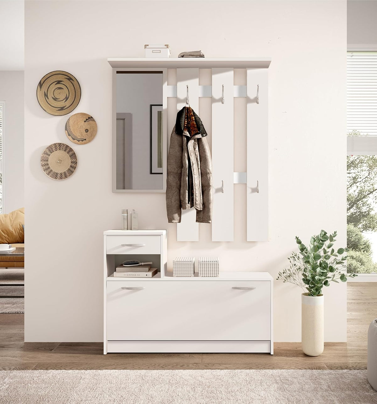 Vera Garderobe mit Spiegel weiß matt - Kompaktgarderobe, Dielenschrank, Flurschrank - 100 x 190 x 26 cm (B/H/T)