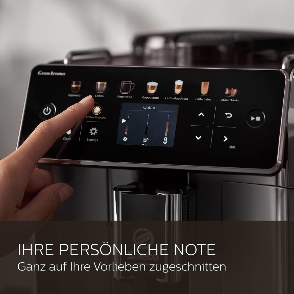 Saeco GranAroma Kaffeevollautomat mit 14 Kaffeespezialitäten, intuitives Farbdisplay, 4 Benutzerprofile, Keramikmahlwerk, Edelstahl-Schwarz (SM6585/00)