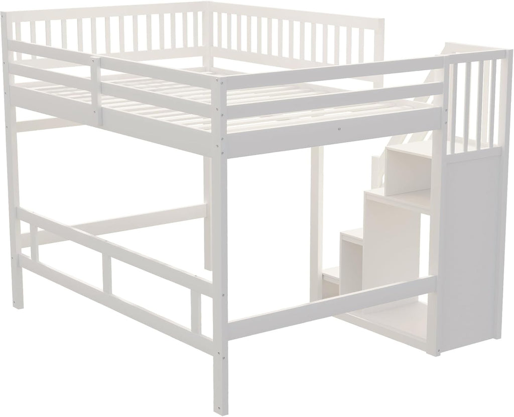 Kinderbett Etagenbett 140x200, Hochbett mit Treppe und Aufbewahrungsschrank, Multifunktionsbett Stockbett Spielbett Kinderhochbett Jugendhochbett mit Lattenrost & Rausfallschutz, Ohne Matratze, Weiß