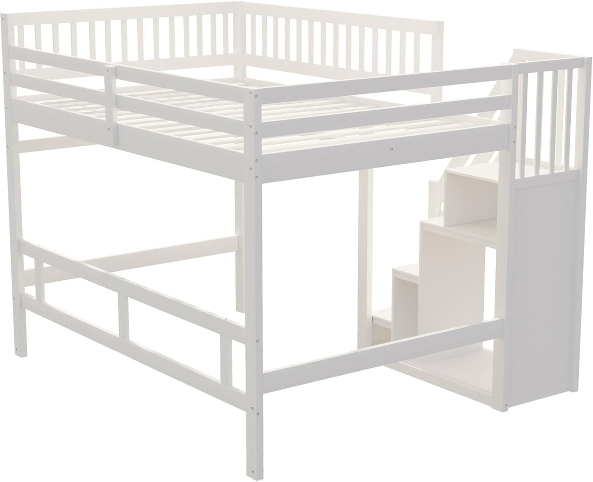 Kinderbett Etagenbett 140x200, Hochbett mit Treppe und Aufbewahrungsschrank, Multifunktionsbett Stockbett Spielbett Kinderhochbett Jugendhochbett mit Lattenrost & Rausfallschutz, Ohne Matratze, Weiß