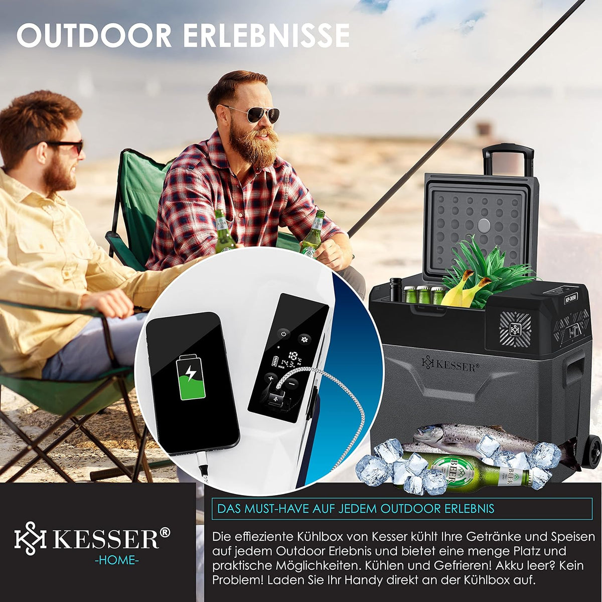KESSER® Kompressor Kühlbox auto elektrisch 50L, Camping Kühlbox 12/24/230V mit APP-Steuerung, Gefrierbox bis –20 °C, Kühlbox mit Rädern & Teleskopgriff für Camping, Wohnmobil, LKW & Boot + 2 Kühlakkus