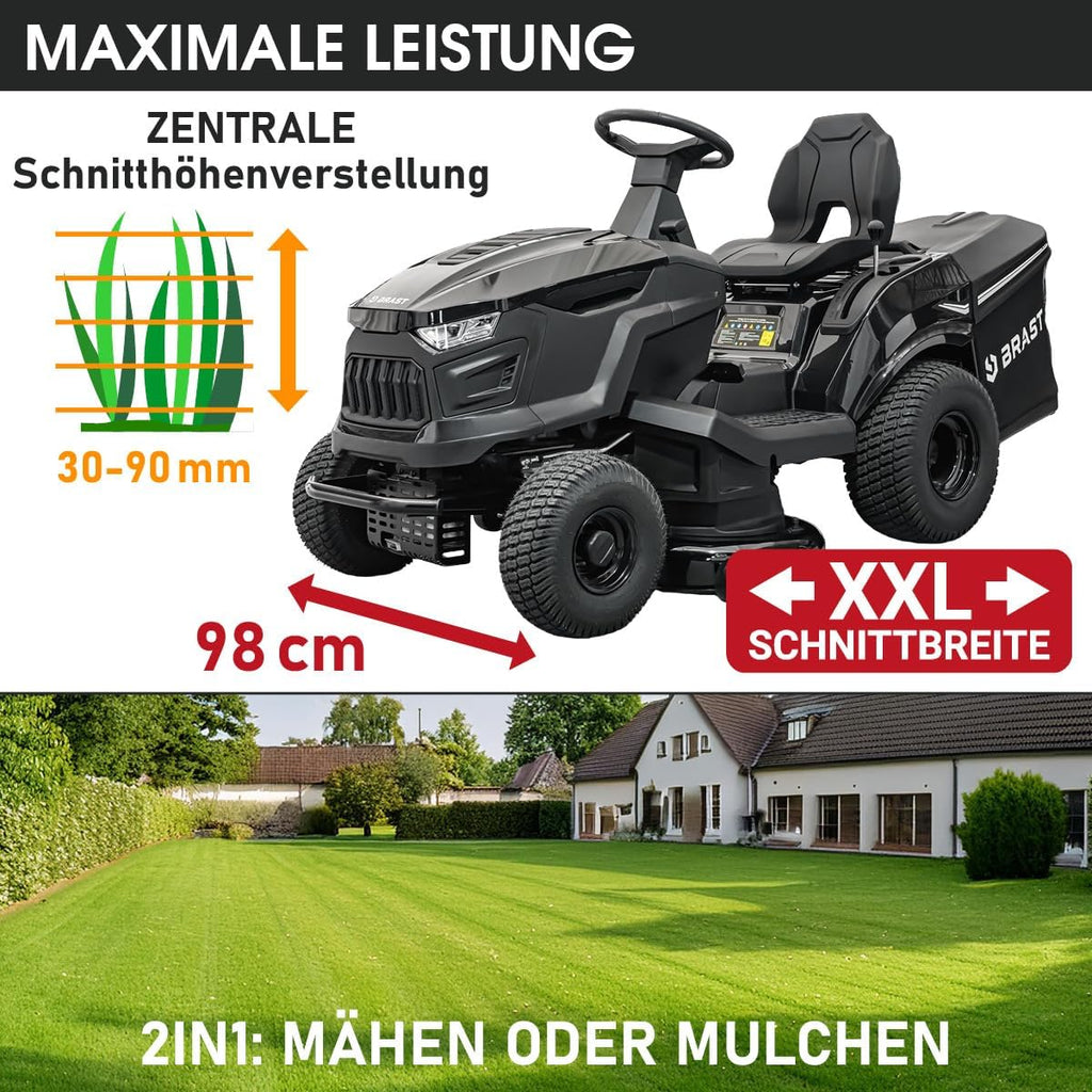 BRAST Benzin Rasentraktor Aufsitzmäher 9,2 kW (12,5 PS) Elektrostart XXL Schnittbreite 98cm 2in1-Funktion 7-Gang-Getriebe 245L Fangkorb für große Rasenflächen 1.000-5.000 m2