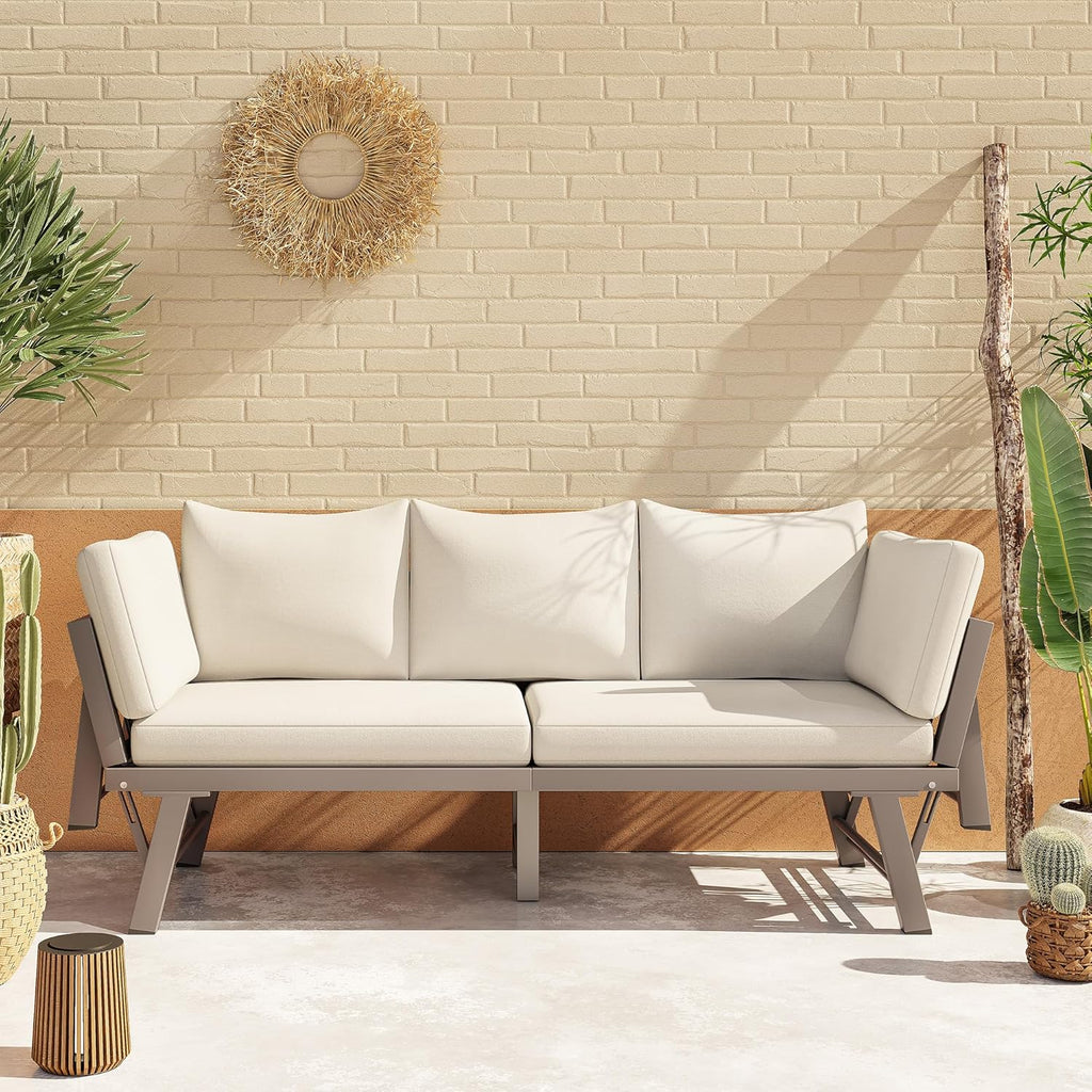Gartenmöbel-Set, Outdoorsofa, 3-Sitzer-Sofa, Beige, Gartensofa mit Liegefunktion, Sonnenliege Gartenliege mit Auflagen und klappbaren Armlehne, Gartencouch für Garten, Terrasse, Balkon
