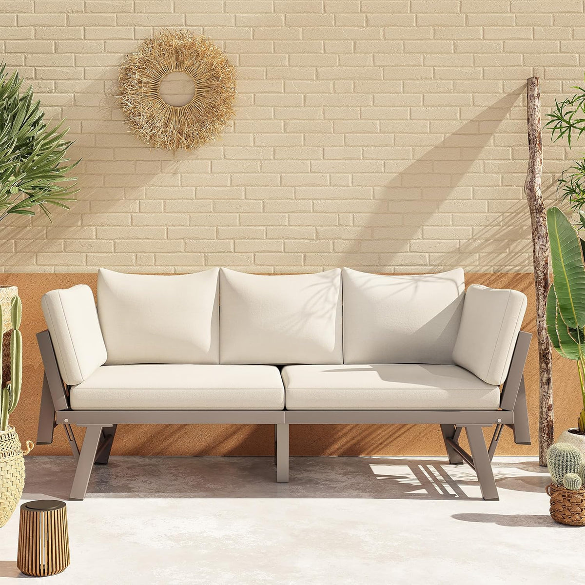 Gartenmöbel-Set, Outdoorsofa, 3-Sitzer-Sofa, Beige, Gartensofa mit Liegefunktion, Sonnenliege Gartenliege mit Auflagen und klappbaren Armlehne, Gartencouch für Garten, Terrasse, Balkon