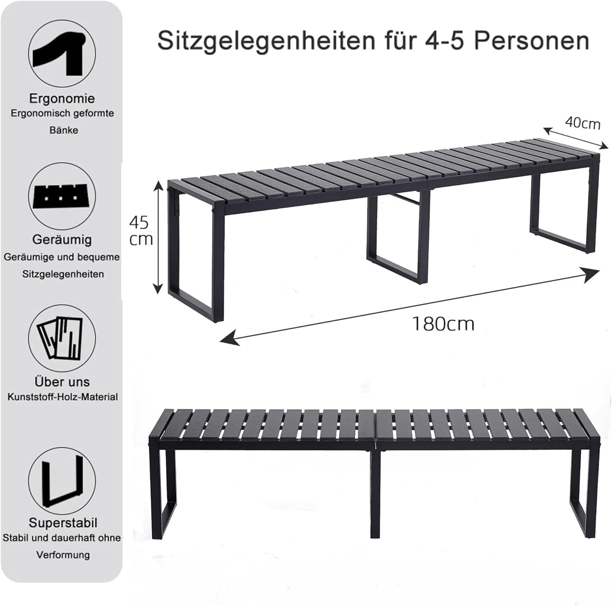 Mingone Outdoorbank für 3-4 Personen, witterungsbeständige Holz-Kunststoff-Verbundwerkstoffe (WPC), Gartenbank für Park und Terrasse, Schwarze Sitzbank ohne Rückenlehne, Belastbarkeit 250 kg