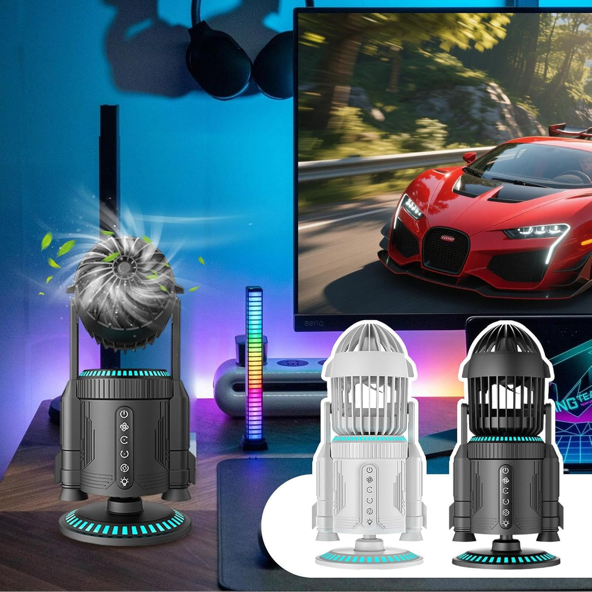 Generico Desk Fan – Powerful USB 16 x 14,8 x 32,5 cm, Rocket Style Personal Fan | Quiet Rotating 5000RPM Air Circulator with Colorful RGB Light for Home Dorm School Workplace Living Room Cooling