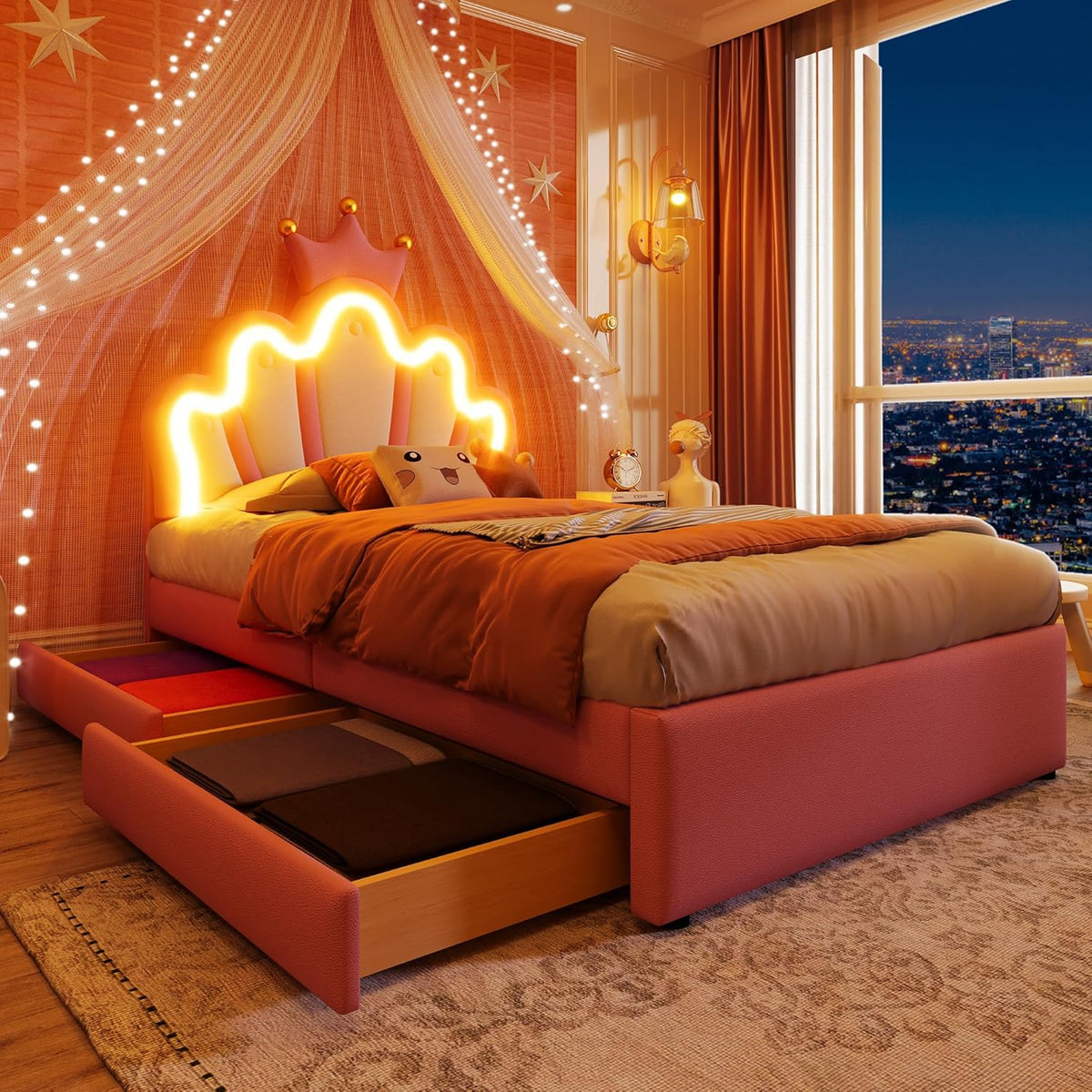 Kinderbett Polsterbett 90x200, Kronenförmiges Prinzessinnenbett, Einzelbett mit LED und 2 Schubladen, Bettgestell für Mädchen, mit Verstellbares Kopfteil, PU-Leder, Rosa, ohne Matratze