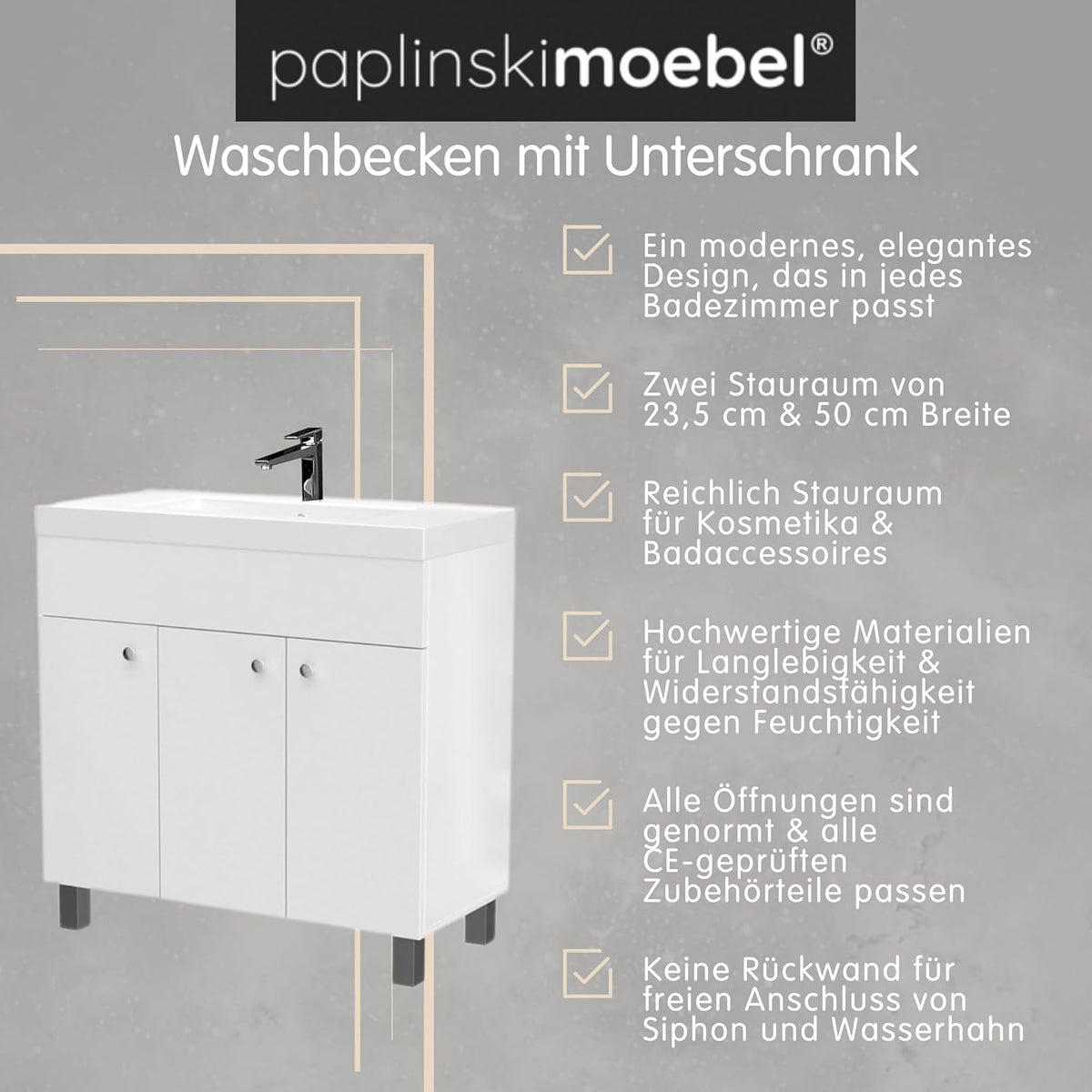 Waschbecken mit Unterschrank 80 cm Breit | Badezimmerschrank IGA Sink | Badmöbel Set für Badezimmer & Gäste-WC | Waschtisch mit Unterschrank Stehend | Waschbeckenunterschrank Weiß