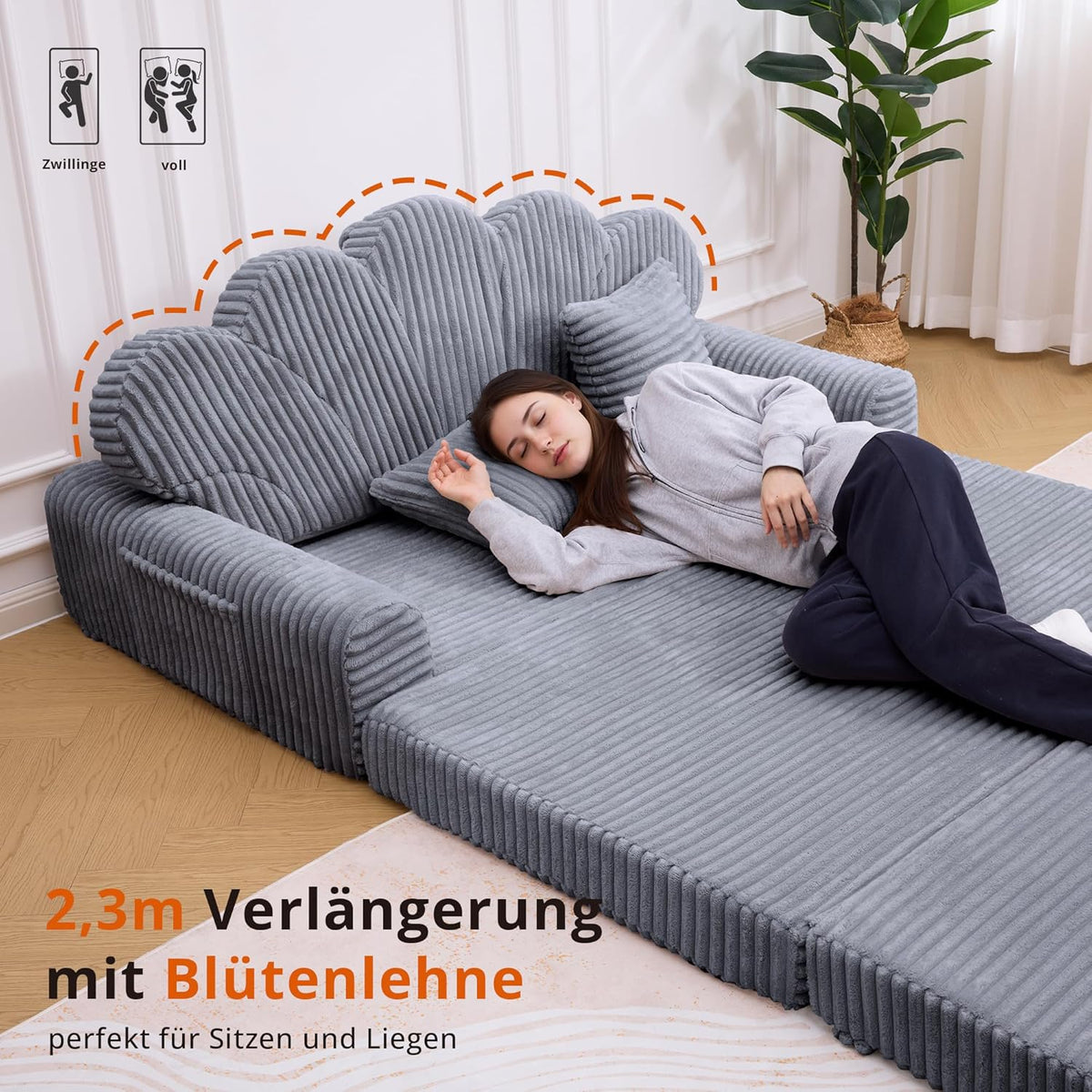 IRONCK Schlafsofa 2-Sitzer Sofa mit Schlaffunktion Boneless Sofa Bed aus Cord & Schaum, Sofabett 153x267cm, Klappbar Schlafcouch, 2 Kissen & Seitentaschen, Bettsofa für Wohnzimmer Schlafzimmer, Grau