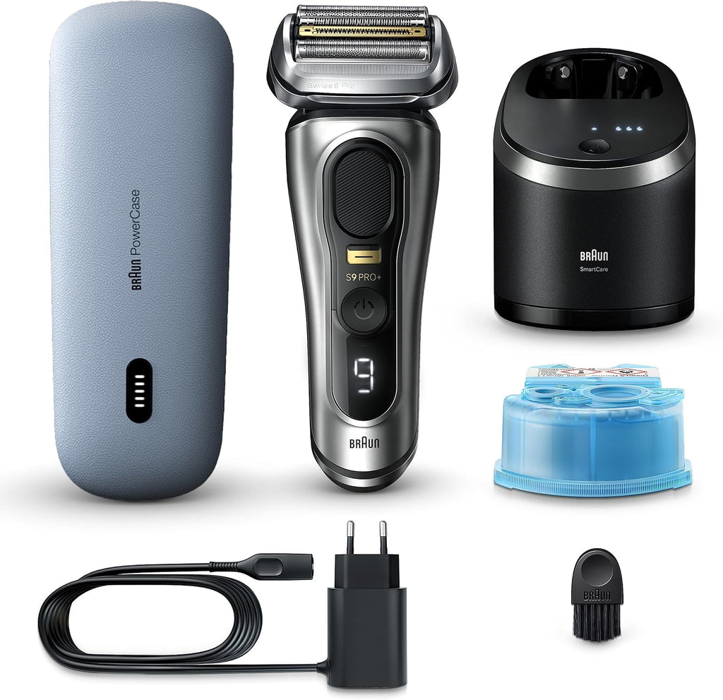 Braun Series 9 Pro+ Rasierer Herren, Elektrorasierer mit 5 Pro Rasierelementen, Langhaarschneider & Reinigungsstation, Rasierer-Ladeetui PowerCase, 60 Min Laufzeit, Made in Germany, 9577cc, Silber