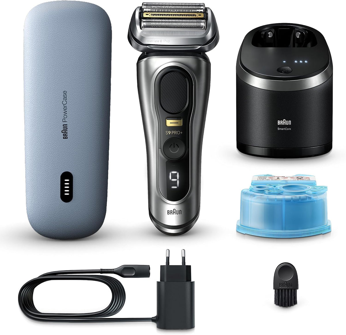 Braun Series 9 Pro+ Rasierer Herren, Elektrorasierer mit 5 Pro Rasierelementen, Langhaarschneider & Reinigungsstation, Rasierer-Ladeetui PowerCase, 60 Min Laufzeit, Made in Germany, 9577cc, Silber