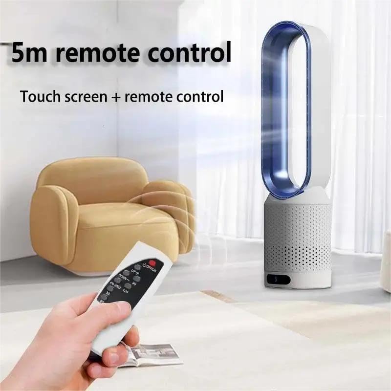 Ventilator ohne Schaufel, leiser Säulenventilator, 90° Oszillation und 8 Geschwindigkeitsstufen, Ventilator ohne Flügel, mit Fernbedienung und Touchscreen, Luftreinigung, für Schlafzimmer (blau)