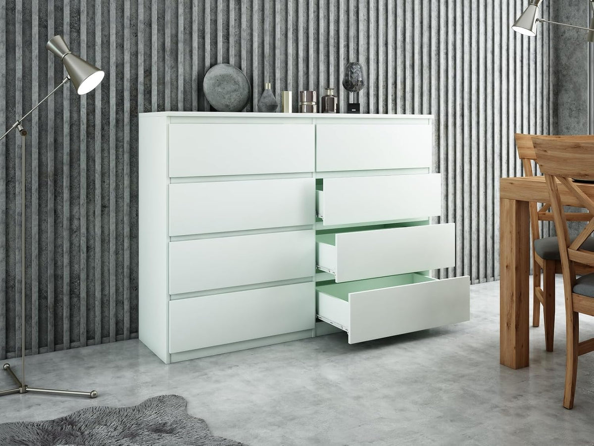 meble masztalerz Kommode Weiss Matt mit 8 Schubladen - 138,5 x 101,5 x 39 cm - Sideboard Wohnzimmer, Schlafzimmer - Schubladenschrank - Komodenschrank