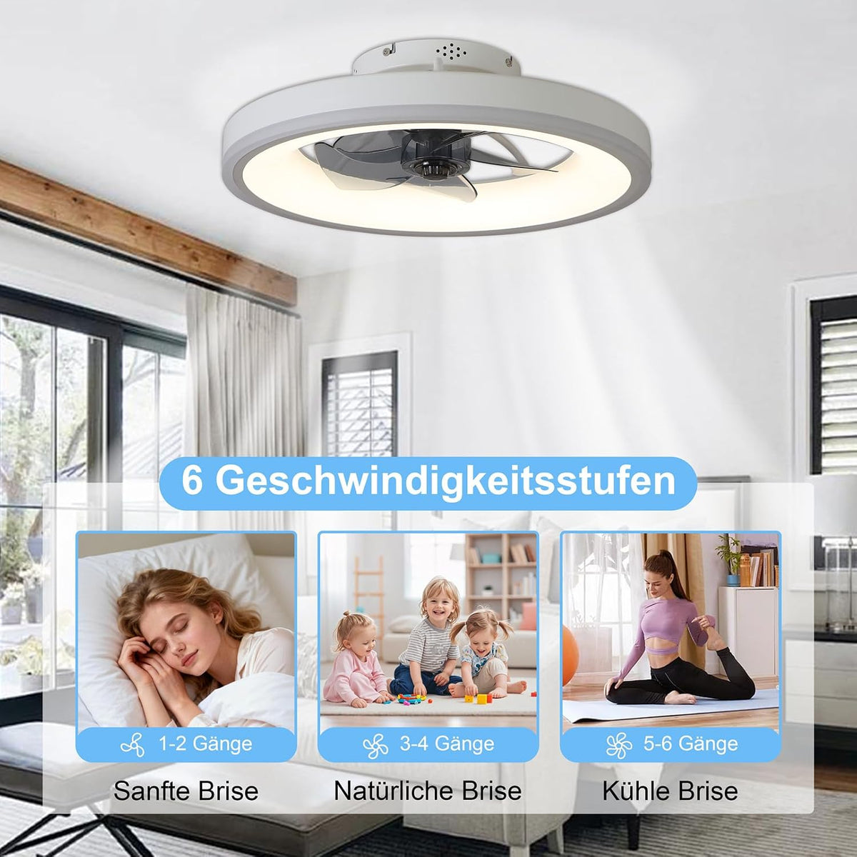60CM Deckenventilator mit Beleuchtung, RGB Deckenventilator mit Licht und Fernbedienung, Leise Deckenlampe mit Ventilator, 6 Geschwindigkeiten, Dimmbare, Timer, für Schlafzimmer, Weiß