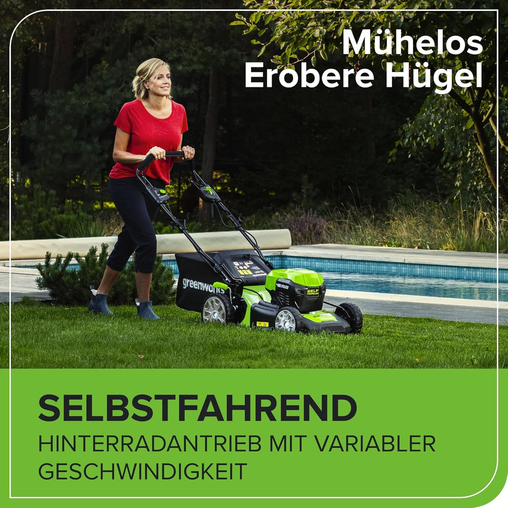 Greenworks Selbstfahrender Akku Rasenmäher 48V (24V x 2) bis zu 480m2, 46cm Schnittbreite, 55L Sack Rasenmäher Elektro Plus Zwei 4Ah-Akkus und Doppelladegerät,3 Jahre Garantie,GD24X2LM46SPK4X