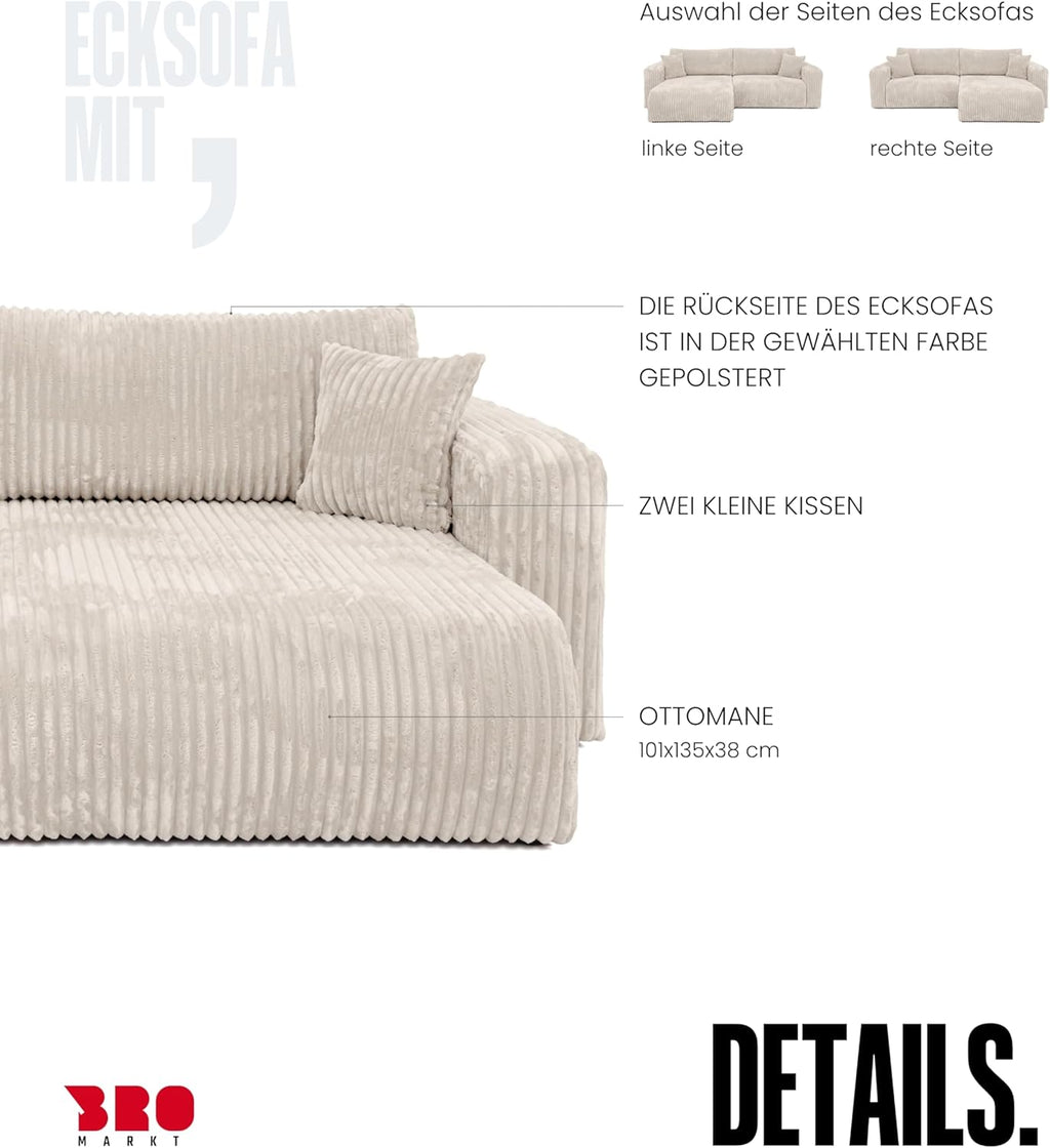 BROMARKT Ecksofa mit Schlaffunktion Creme Couch L-Form Cordstoff Sofa mit Bettkasten Wohnzimmer Schlafcouch Schlafsofa mit Stauraum Eckcouch 3 Sitzer Wohnlandschaft 244x148x82 cm TILIO