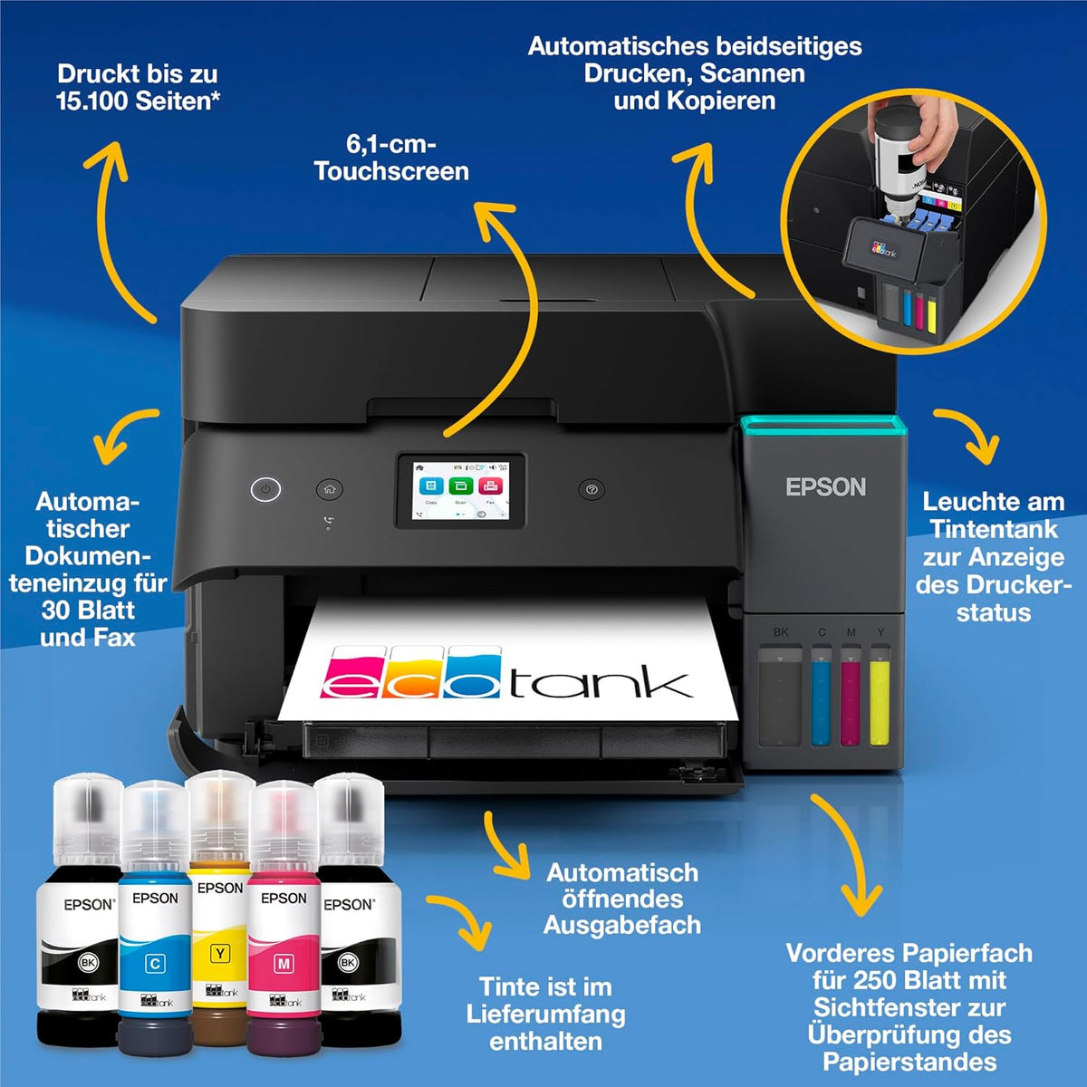 EcoTank ET-4950 Tintentankdrucker | fürs Das Home Office | WLAN & Ethernet | A4 | (Duplex-) Druck, Scannen, Kopieren, Faxen | 6.1 cm Touchscreen | ADF | inkl. Tinte für bis zu 3 Jahre