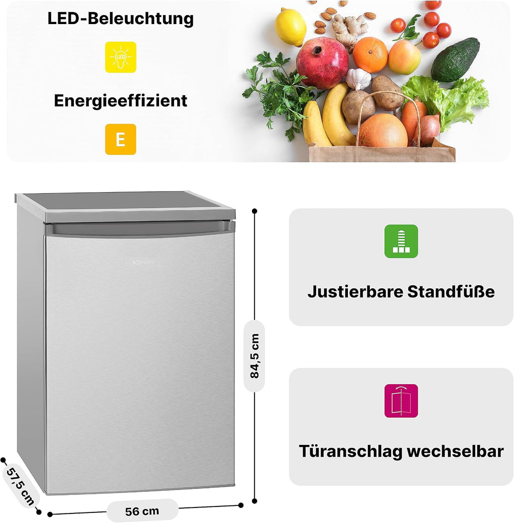 Bomann® Kühlschrank ohne Gefrierfach mit 133L Nutzinhalt | 3 Ablagen | klein m. Gemüsefach & wechselbarem Türanschlag | Tischkühlschrank leise | H:84.5 x B:56 x T: 57.5cm | VS 2185.1 inox