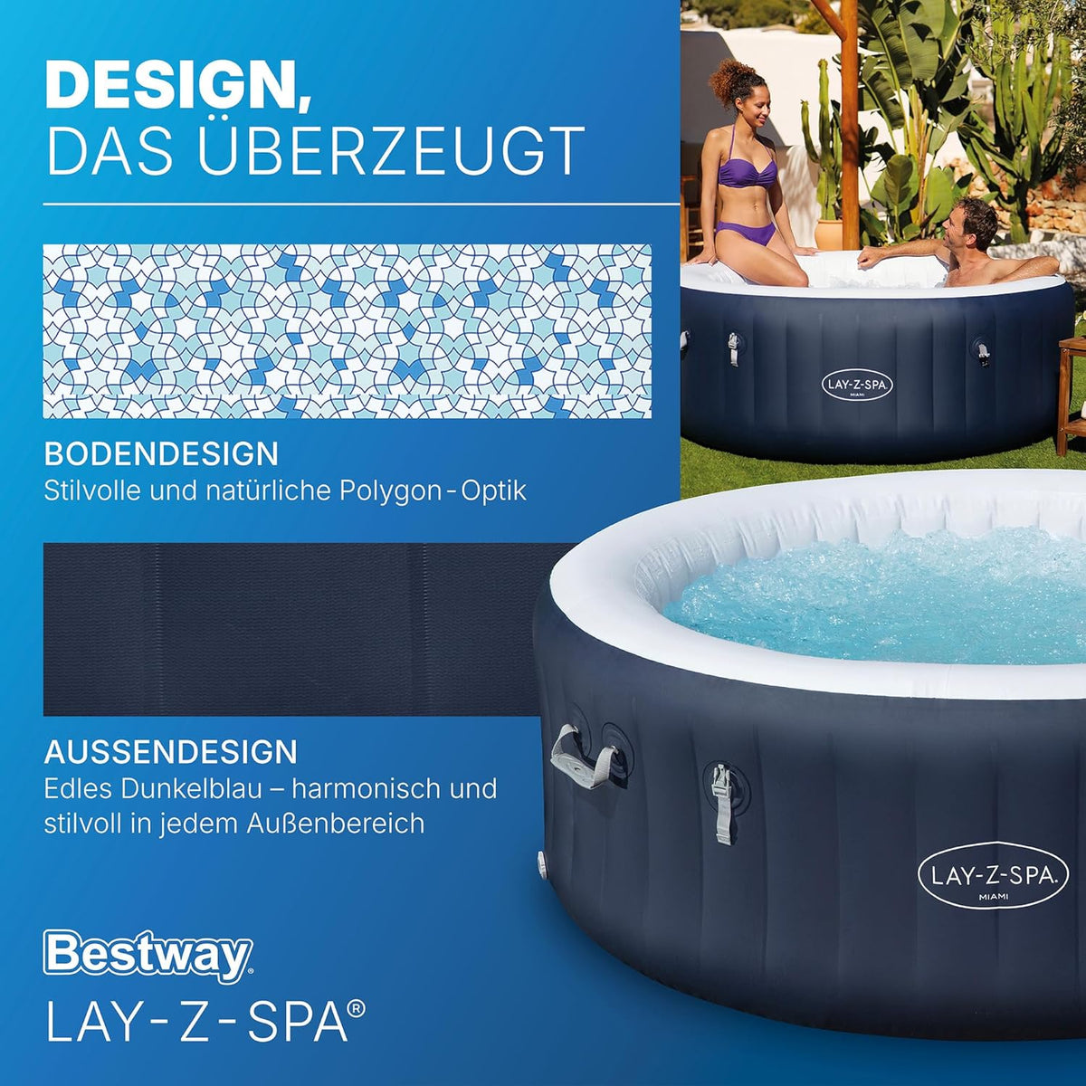 Bestway Lay-Z-SPA Energiespar-Whirlpool Miami AirJet, Ø 180 x 66 cm, 4 Personen, Heizung, Frostwächter, 120 AirJet-Düsen, Energiespardämmung, Thermo-Abdeckung, Dunkelblau