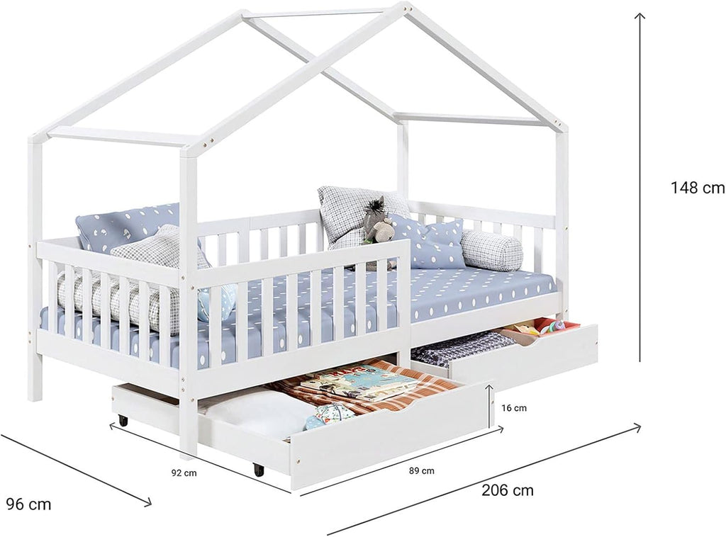 IDIMEX Hausbett ELEA aus massiver Kiefer, Kinderbett mit Rausfallschutz 90x200cm, Spielbett mit Dach in weiß