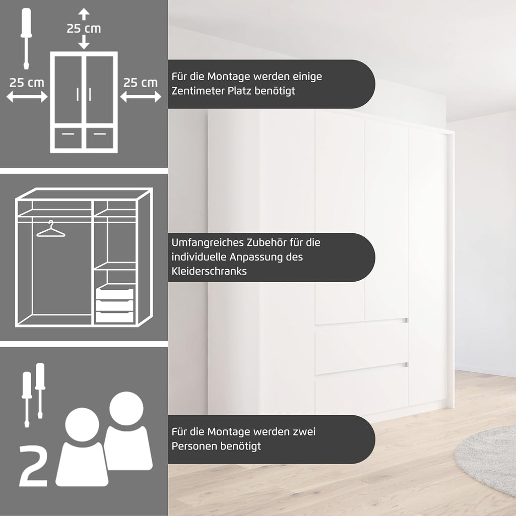Rauch Möbel Mainz Schrank Kleiderschrank Drehtürenschrank Weiß-Grau metallic, Schwarz, 5-türig Spiegel, 6 Schubladen, Zubehörpaket Basic 3 Einlegeböden, 3 Kleiderstangen, grifflos BxHxT 226x210x54 cm