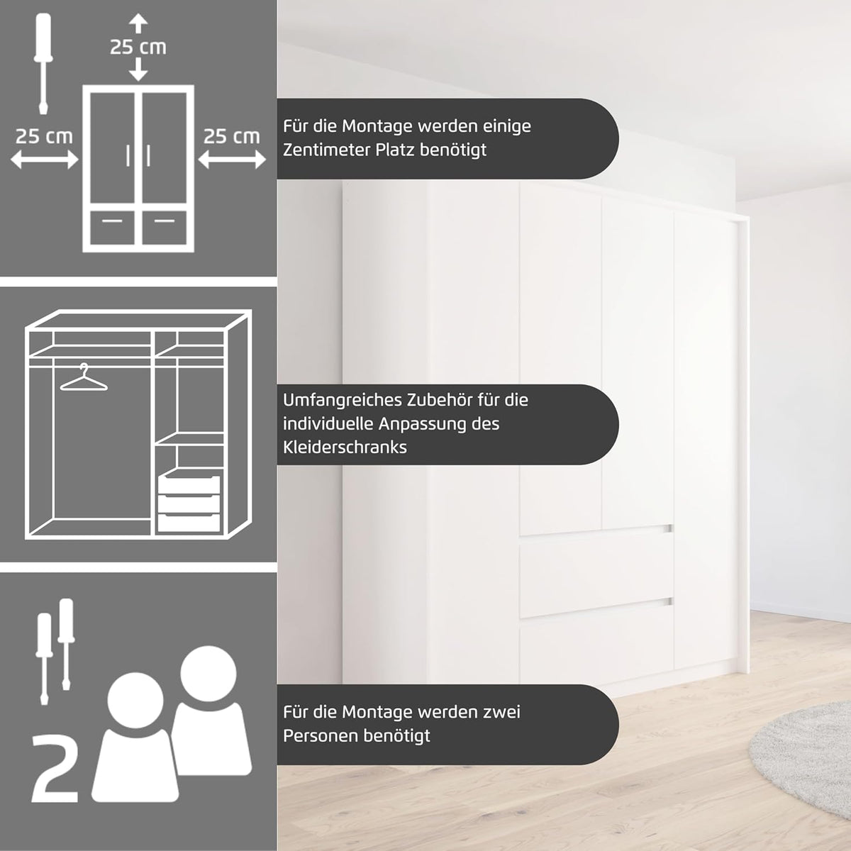 Rauch Möbel Mainz Schrank Kleiderschrank Drehtürenschrank Weiß-Grau metallic, Schwarz, 5-türig Spiegel, 6 Schubladen, Zubehörpaket Basic 3 Einlegeböden, 3 Kleiderstangen, grifflos BxHxT 226x210x54 cm