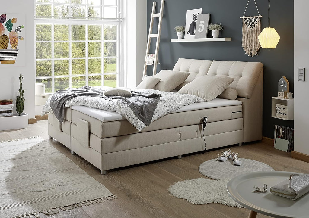CARPINO Boxspringbett 180x200 elektrisch verstellbar, Creme - Bequemes Doppelbett mit dekorativer Steppung & Komfortschaum Topper - 180 x 110 x 234 cm (B/H/T)