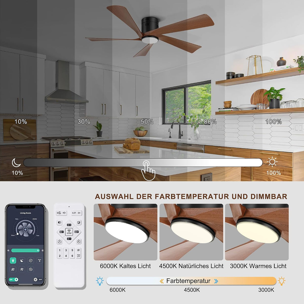 Ohniyou Deckenventilator mit Beleuchtung, 132 cm (52 Zoll), Fernbedienung und App-Steuerung, Deckenventilator für den Außenbereich, Terrasse, Wohnzimmer, Dimmbar, Leiser DC-Motor, Walnuss
