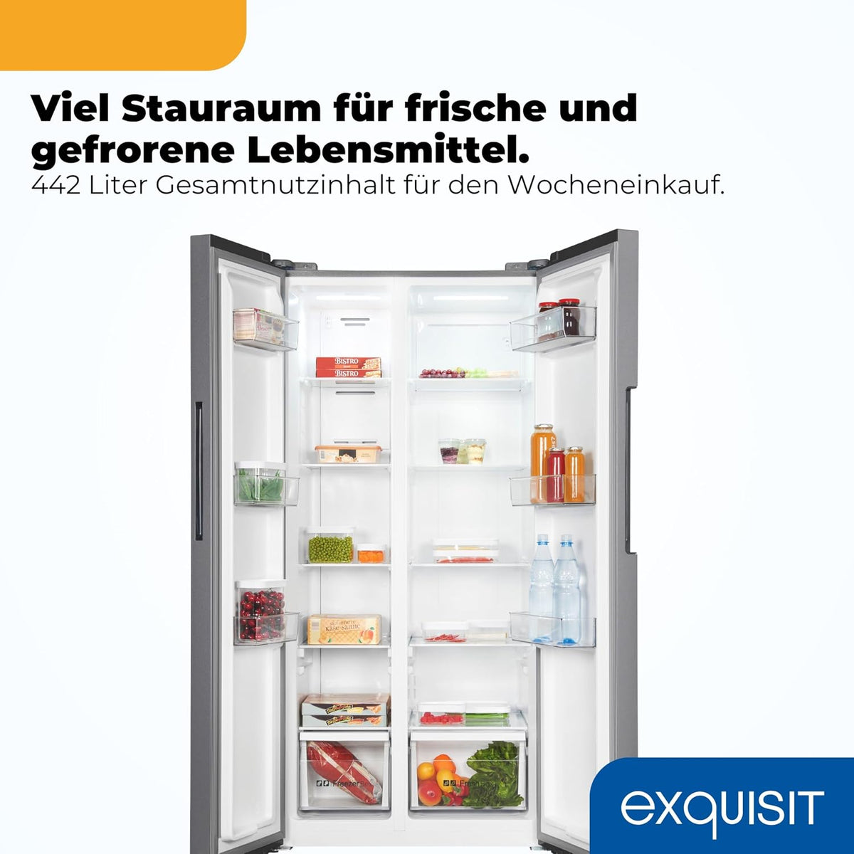 Exquisit Side-by-Side SBS546-040E inoxlook | No Frost | Nutzinhalt: 442 L | Temperaturregelung | Alarm