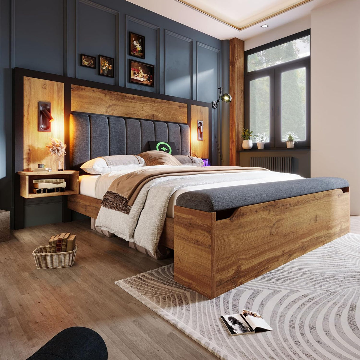 Kebnor Doppelbett Polsterbett, Bettanlage mit Leselampe und USB C Nachttisch und Sitzbank mit Stauraum, Bettgestell mit Lattenrost aus Metall, Holz und Leinen, Eiche(Ohne Matratze) (180×200cm)