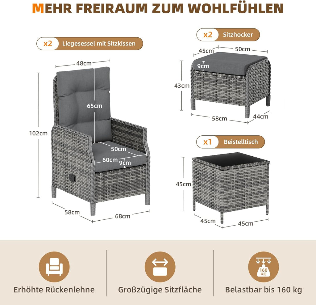 UDPATIO Lounge Möbel Outdoor Set 5-teilig mit Verstellbaren Sessel, Fußhocker und Couchtisch | Rattan Gartenmöbel | Balkonmöbel Kleiner Balkon | Wetterfest Terrassenmöbel | Dunkelgrau