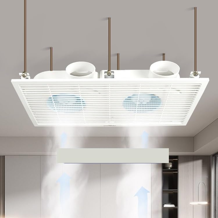 Multifunktionaler Ventilator für Küche und Lager mit abgehängter Decke. Installation eines Hochleistungs-Ventilators für das Badezimmer.