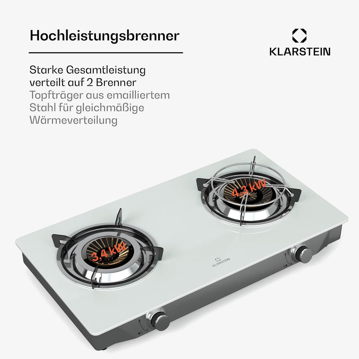 Klarstein Barzona Gaskochfeld, 2-Brenner Edelstahl & Glas, 7,7kW, Tragbarer Campingkocher mit Piezo-Zündung & Flammenausfallsicherung, Kompaktes und Tragbares Design, Weiß