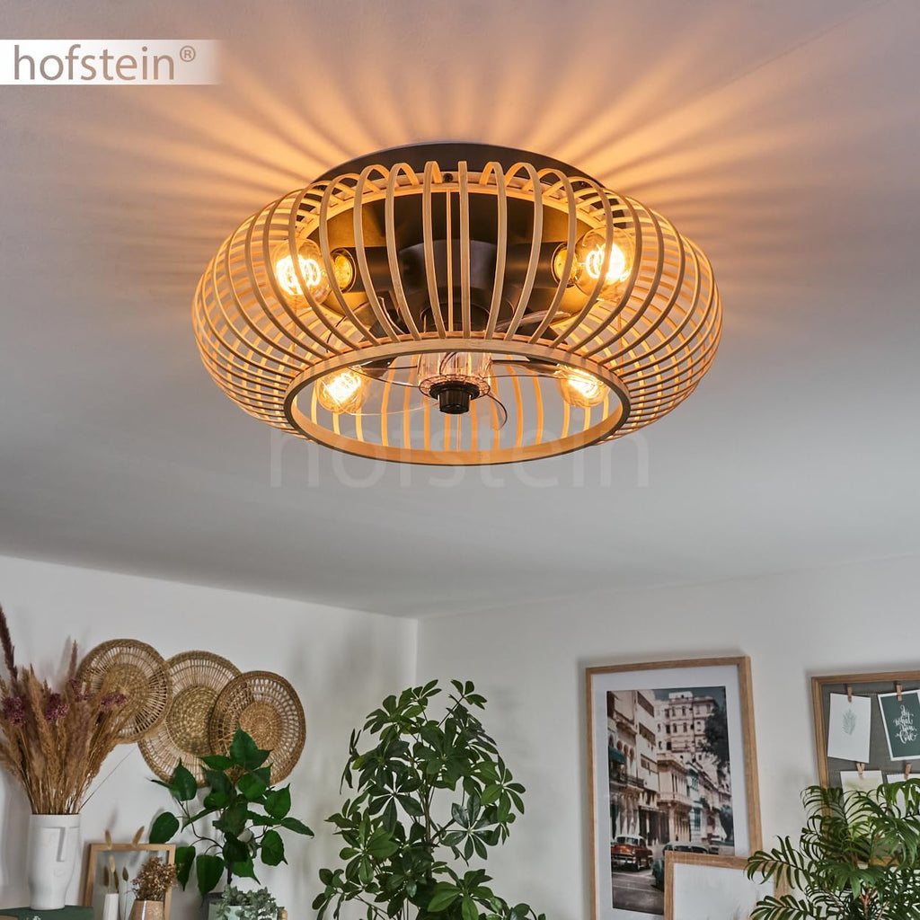 HOFSTEIN Deckenventilator Oravi, Ventilator aus Metall/Bambus in Schwarz/Natur mit Fernbedienung, Auf-/Abwind-Funktion u. Lichteffekt an der Decke, Deckenleuchte 4-flammig Ø 50 cm, 4 x E27, mit Timer