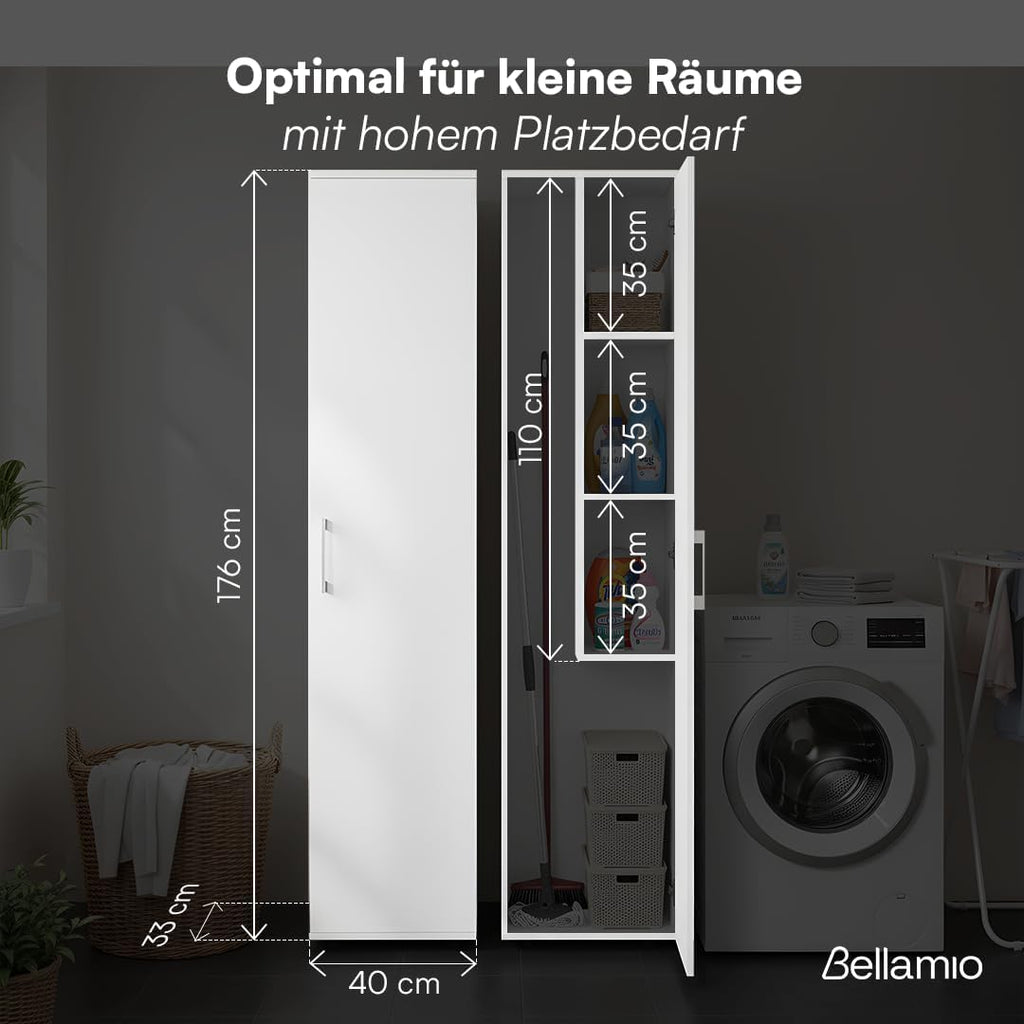 Bellamio Apol Besenschrank - Mehrzweckschrank 40 cm breit Weiß - Vorratsschrank mit Staubsaugerfach - Putzschrank aus Holz - Flurschrank mit Stauraum - Haushaltsschrank - Allzweckschrank 176x33x40 cm