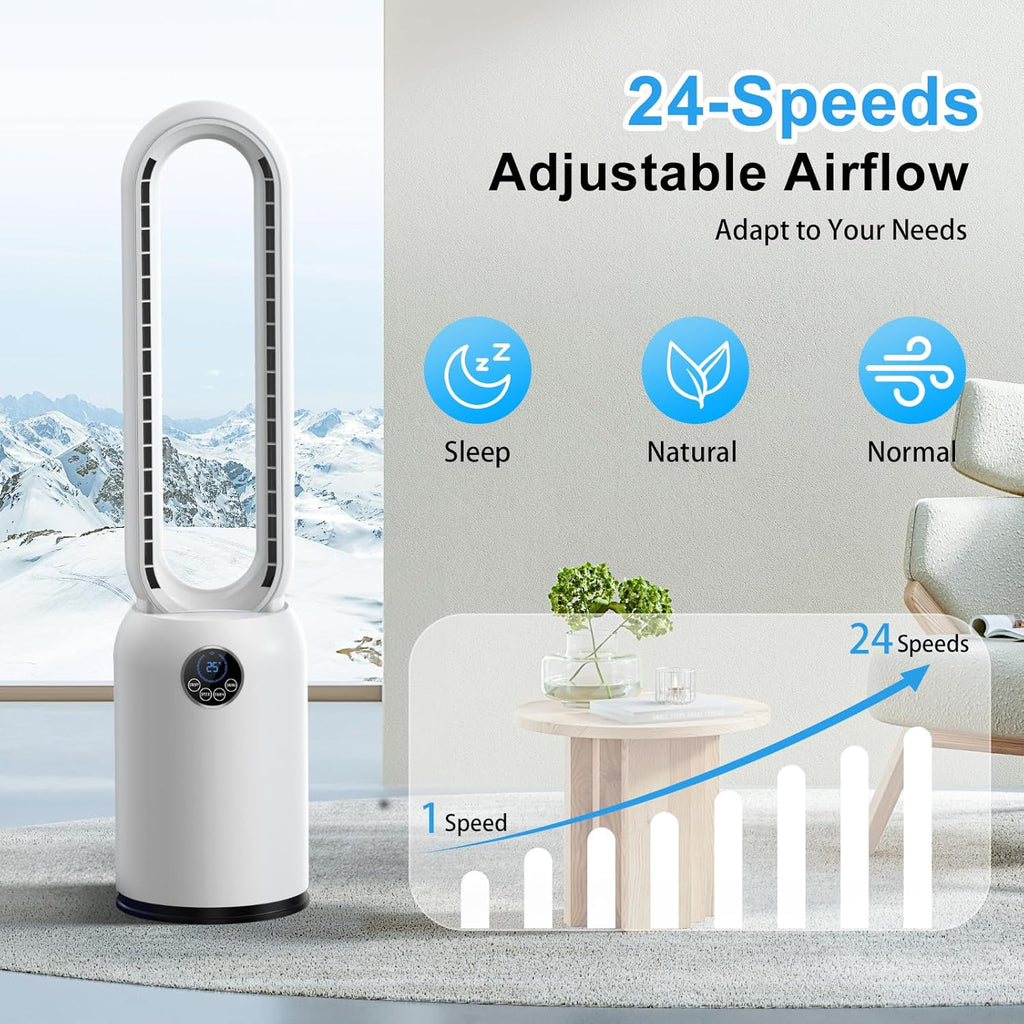 Turmventilator ohne Flügel 88cm – geräuschloser Standventilator mit 55W Motor, LED-Touchscreen & Fernbedienung, 12-Stunden-Timer, 90° oszillierend für Schlafzimmer & Büro (Weiß)