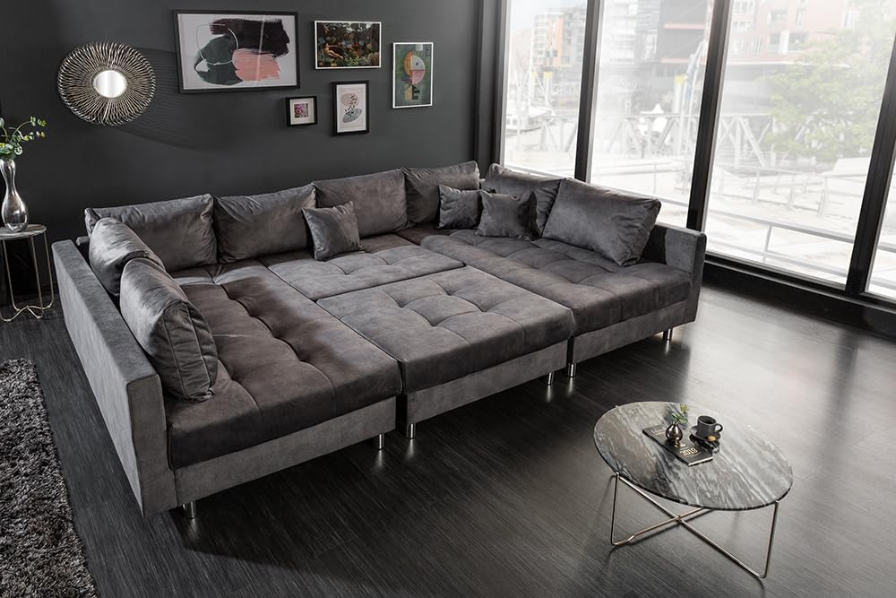 Riess Ambiente Moderne XXL Wohnlandschaft Kent 305cm grau Samt Bigsofa inkl. Hocker Federkern Samtsofa Samtcouch Ecksofa Eckcouch U-Sofa U-Couch Wohnzimmer