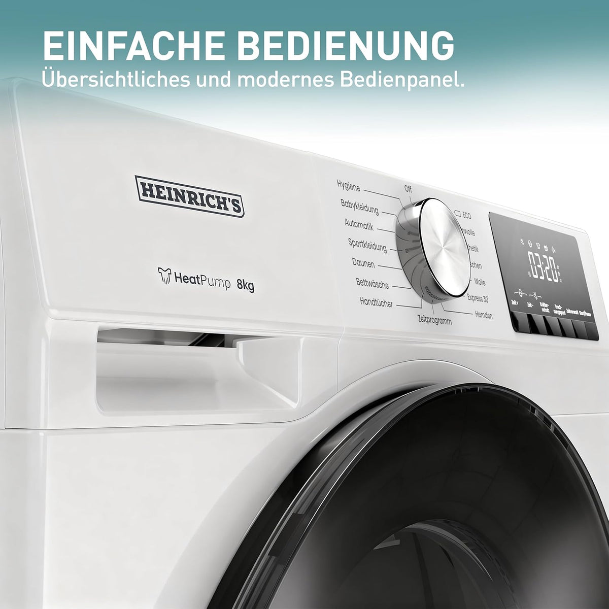 Heinrich´s Wärmepumpentrockner, 8 kg, Frontlader, Schnelltrocknung, 15 Programme, Sensor Trocknung, LED-Display & Drehregler, Edelstahl-Schontrommel, Innenbeleuchtung, schlankes Design, weiß